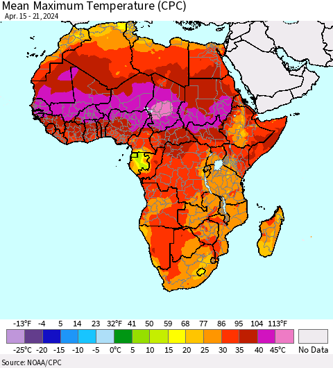 Africa Mean Maximum Temperature (CPC) Thematic Map For 4/15/2024 - 4/21/2024