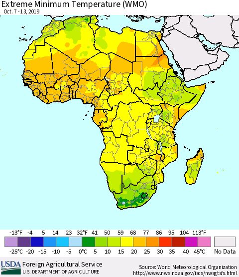 Africa Minimum Daily Temperature (WMO) Thematic Map For 10/7/2019 - 10/13/2019