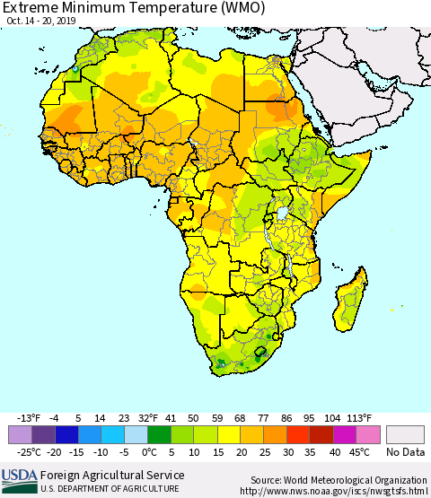 Africa Minimum Daily Temperature (WMO) Thematic Map For 10/14/2019 - 10/20/2019