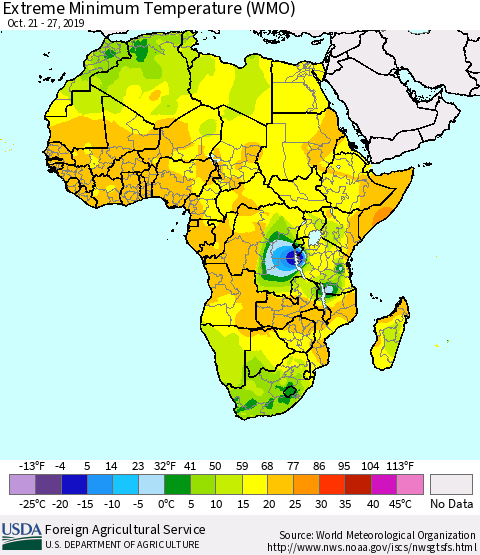 Africa Minimum Daily Temperature (WMO) Thematic Map For 10/21/2019 - 10/27/2019