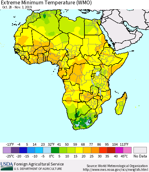 Africa Minimum Daily Temperature (WMO) Thematic Map For 10/28/2019 - 11/3/2019