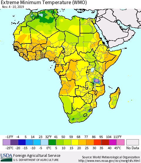 Africa Minimum Daily Temperature (WMO) Thematic Map For 11/4/2019 - 11/10/2019