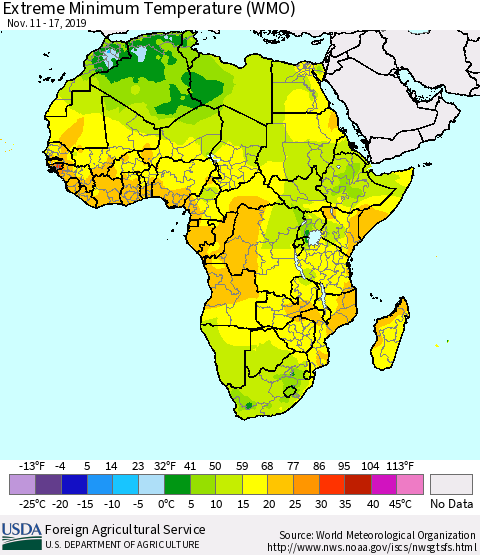 Africa Minimum Daily Temperature (WMO) Thematic Map For 11/11/2019 - 11/17/2019