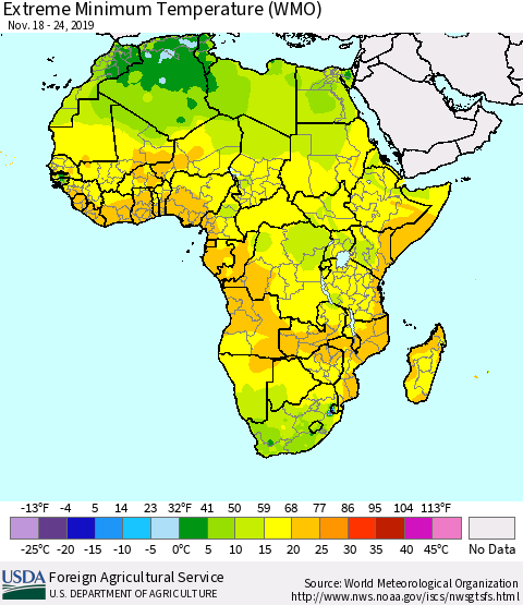 Africa Minimum Daily Temperature (WMO) Thematic Map For 11/18/2019 - 11/24/2019