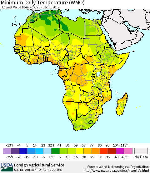 Africa Minimum Daily Temperature (WMO) Thematic Map For 11/25/2019 - 12/1/2019