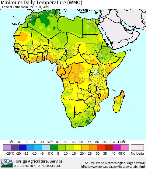Africa Minimum Daily Temperature (WMO) Thematic Map For 12/2/2019 - 12/8/2019