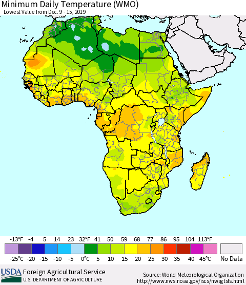 Africa Minimum Daily Temperature (WMO) Thematic Map For 12/9/2019 - 12/15/2019