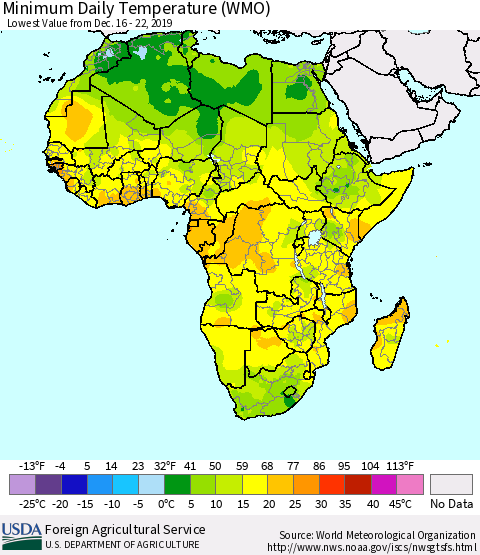 Africa Minimum Daily Temperature (WMO) Thematic Map For 12/16/2019 - 12/22/2019