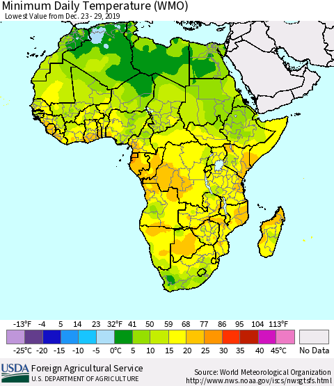 Africa Minimum Daily Temperature (WMO) Thematic Map For 12/23/2019 - 12/29/2019