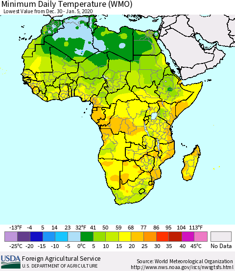 Africa Minimum Daily Temperature (WMO) Thematic Map For 12/30/2019 - 1/5/2020