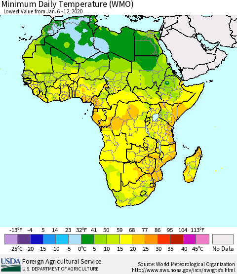 Africa Minimum Daily Temperature (WMO) Thematic Map For 1/6/2020 - 1/12/2020