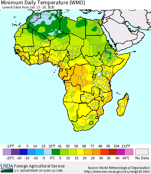Africa Minimum Daily Temperature (WMO) Thematic Map For 1/13/2020 - 1/19/2020