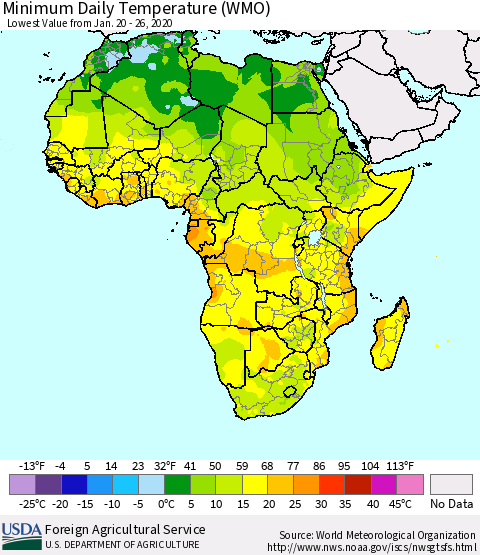 Africa Minimum Daily Temperature (WMO) Thematic Map For 1/20/2020 - 1/26/2020