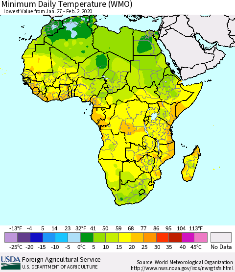 Africa Minimum Daily Temperature (WMO) Thematic Map For 1/27/2020 - 2/2/2020