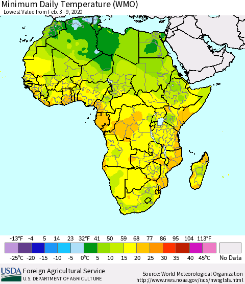 Africa Minimum Daily Temperature (WMO) Thematic Map For 2/3/2020 - 2/9/2020