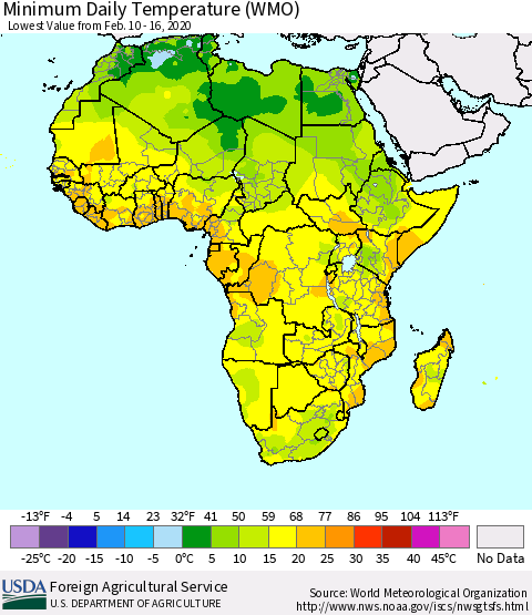 Africa Minimum Daily Temperature (WMO) Thematic Map For 2/10/2020 - 2/16/2020