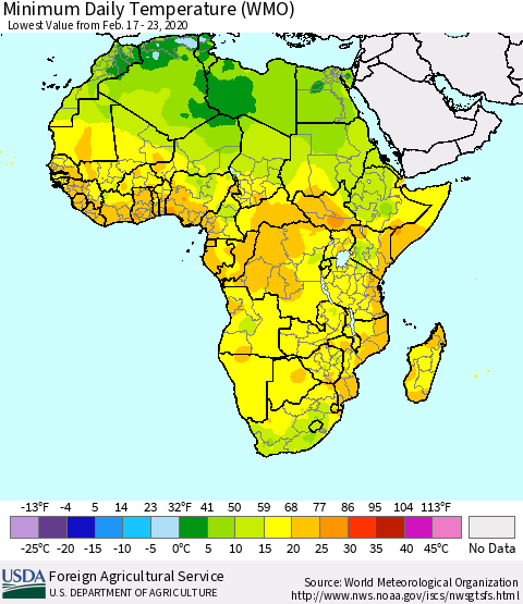 Africa Minimum Daily Temperature (WMO) Thematic Map For 2/17/2020 - 2/23/2020