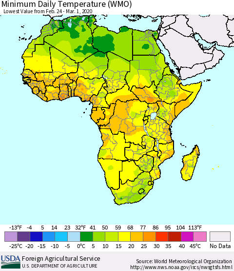 Africa Minimum Daily Temperature (WMO) Thematic Map For 2/24/2020 - 3/1/2020