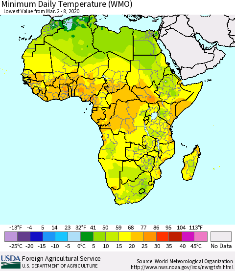 Africa Minimum Daily Temperature (WMO) Thematic Map For 3/2/2020 - 3/8/2020