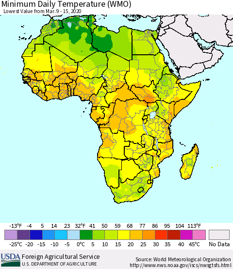 Africa Minimum Daily Temperature (WMO) Thematic Map For 3/9/2020 - 3/15/2020
