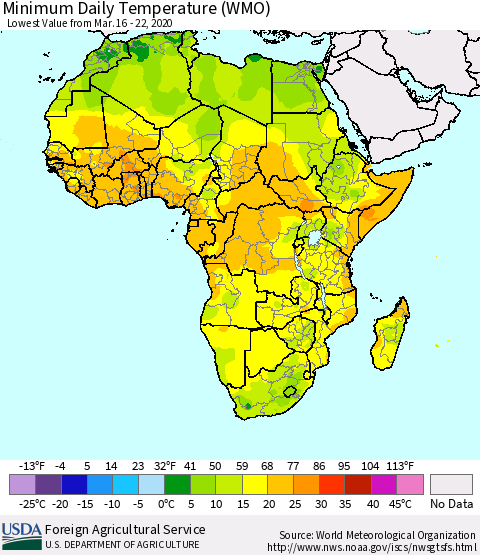 Africa Minimum Daily Temperature (WMO) Thematic Map For 3/16/2020 - 3/22/2020