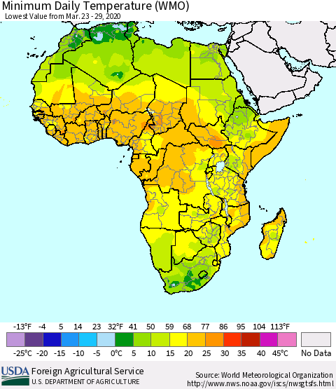 Africa Minimum Daily Temperature (WMO) Thematic Map For 3/23/2020 - 3/29/2020