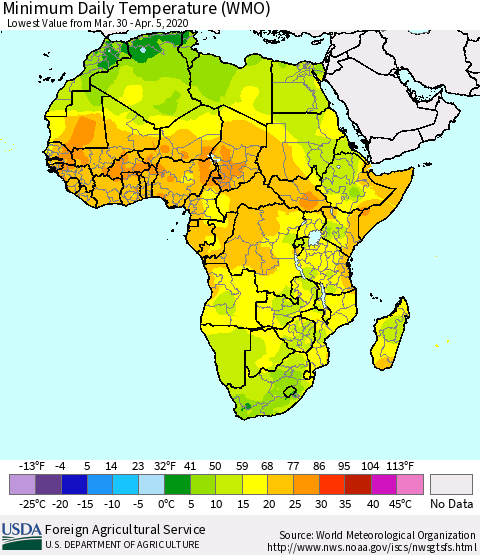 Africa Minimum Daily Temperature (WMO) Thematic Map For 3/30/2020 - 4/5/2020