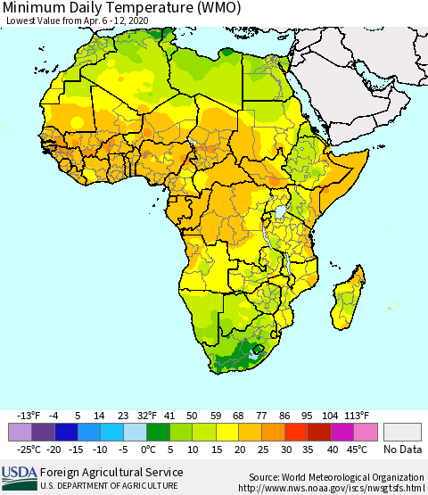 Africa Minimum Daily Temperature (WMO) Thematic Map For 4/6/2020 - 4/12/2020