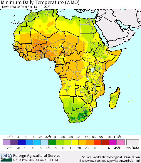 Africa Minimum Daily Temperature (WMO) Thematic Map For 4/13/2020 - 4/19/2020