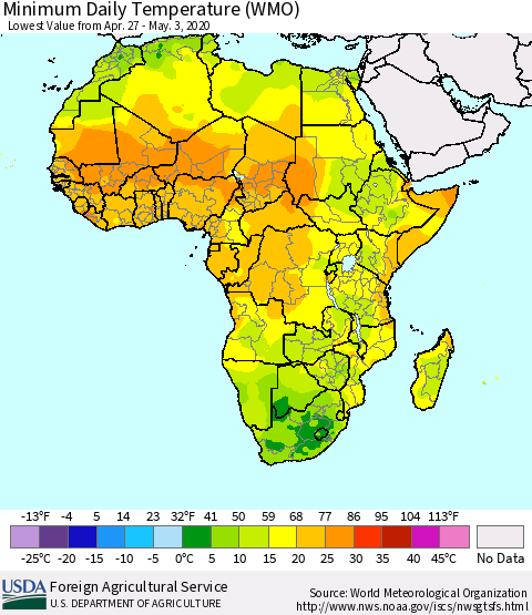 Africa Minimum Daily Temperature (WMO) Thematic Map For 4/27/2020 - 5/3/2020