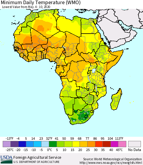Africa Minimum Daily Temperature (WMO) Thematic Map For 5/4/2020 - 5/10/2020