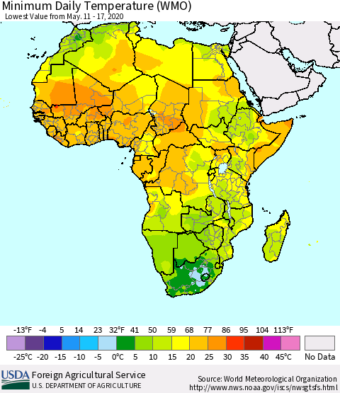 Africa Minimum Daily Temperature (WMO) Thematic Map For 5/11/2020 - 5/17/2020