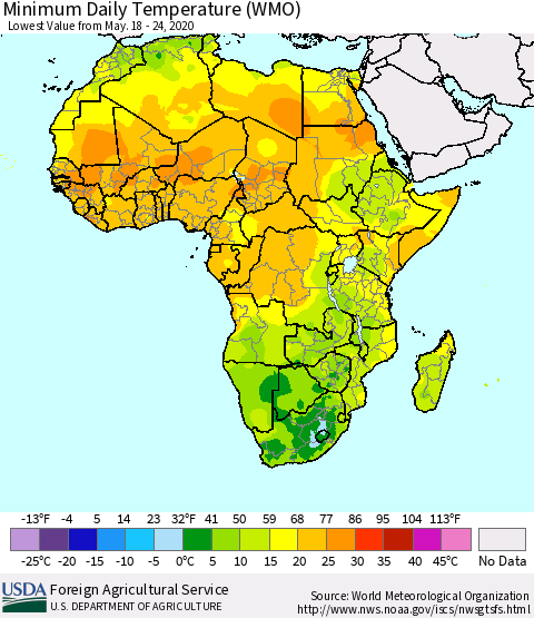Africa Minimum Daily Temperature (WMO) Thematic Map For 5/18/2020 - 5/24/2020