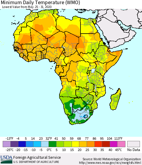 Africa Minimum Daily Temperature (WMO) Thematic Map For 5/25/2020 - 5/31/2020