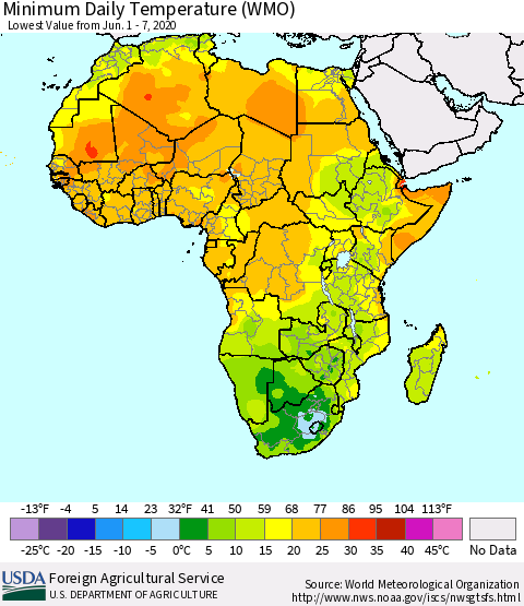 Africa Minimum Daily Temperature (WMO) Thematic Map For 6/1/2020 - 6/7/2020