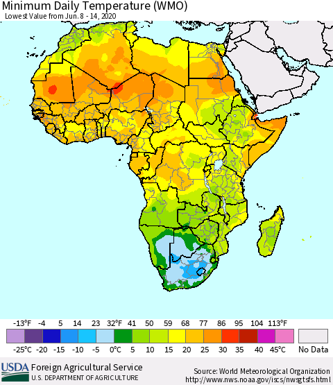 Africa Minimum Daily Temperature (WMO) Thematic Map For 6/8/2020 - 6/14/2020