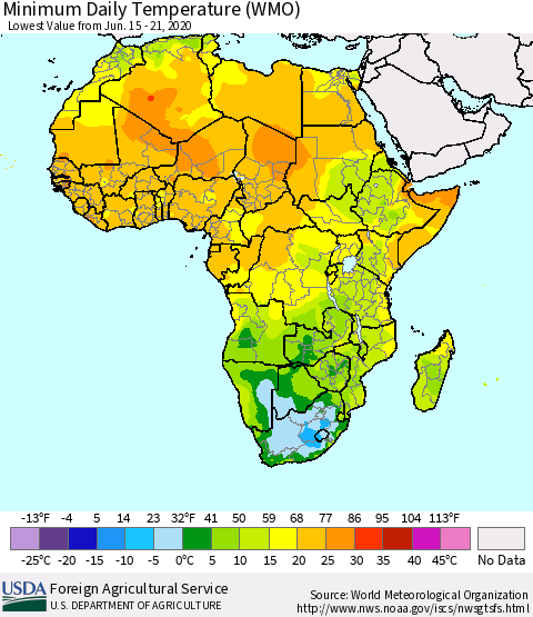 Africa Minimum Daily Temperature (WMO) Thematic Map For 6/15/2020 - 6/21/2020