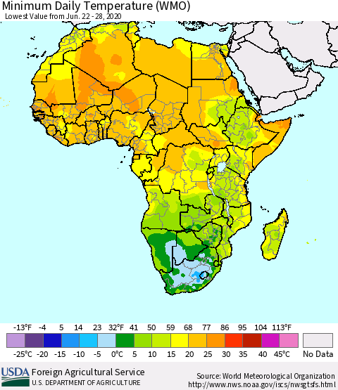Africa Minimum Daily Temperature (WMO) Thematic Map For 6/22/2020 - 6/28/2020