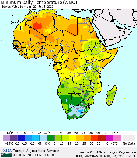 Africa Minimum Daily Temperature (WMO) Thematic Map For 6/29/2020 - 7/5/2020