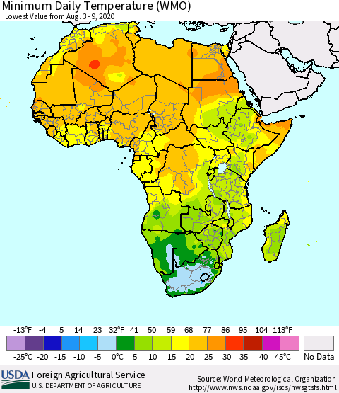 Africa Minimum Daily Temperature (WMO) Thematic Map For 8/3/2020 - 8/9/2020