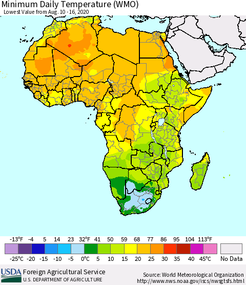 Africa Minimum Daily Temperature (WMO) Thematic Map For 8/10/2020 - 8/16/2020