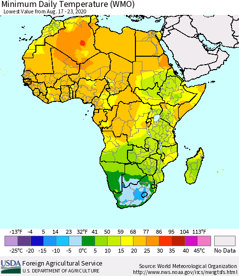 Africa Minimum Daily Temperature (WMO) Thematic Map For 8/17/2020 - 8/23/2020