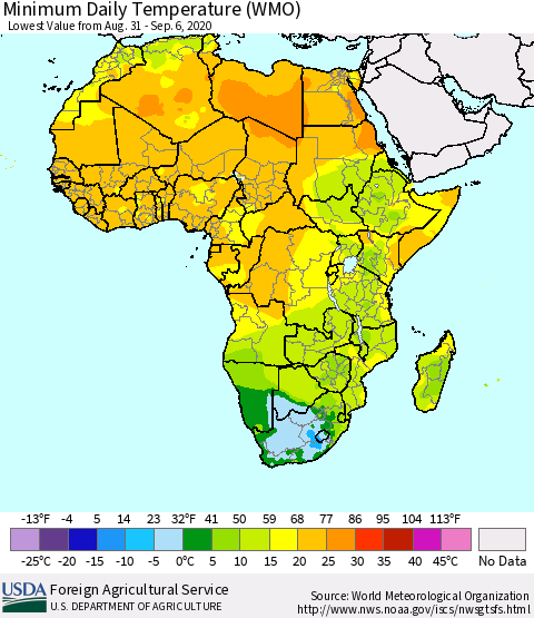 Africa Minimum Daily Temperature (WMO) Thematic Map For 8/31/2020 - 9/6/2020
