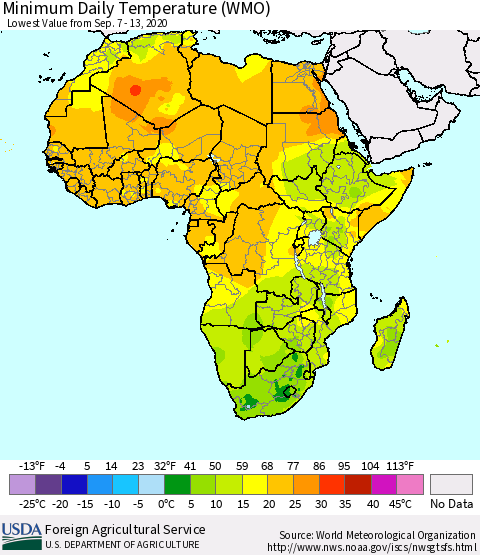 Africa Minimum Daily Temperature (WMO) Thematic Map For 9/7/2020 - 9/13/2020