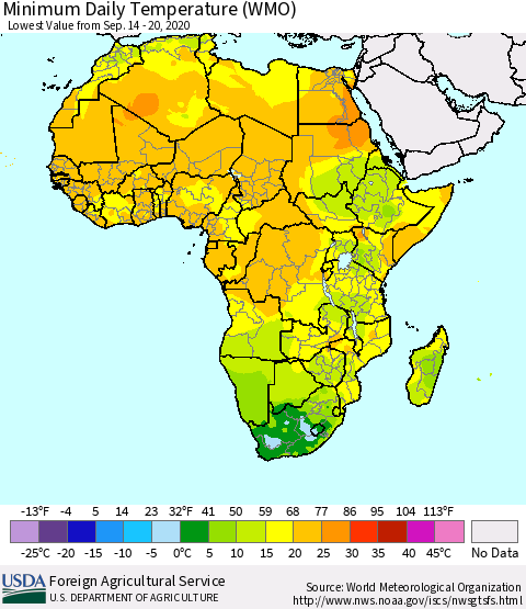 Africa Minimum Daily Temperature (WMO) Thematic Map For 9/14/2020 - 9/20/2020