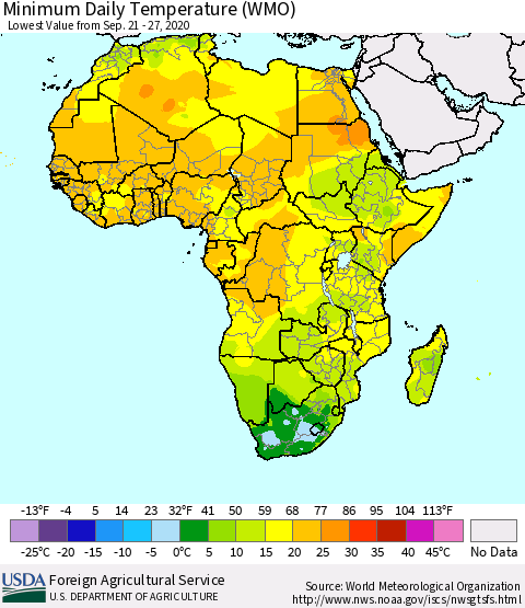 Africa Minimum Daily Temperature (WMO) Thematic Map For 9/21/2020 - 9/27/2020