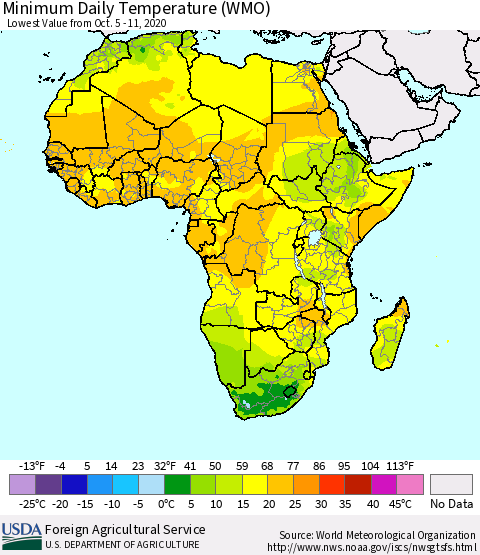Africa Minimum Daily Temperature (WMO) Thematic Map For 10/5/2020 - 10/11/2020
