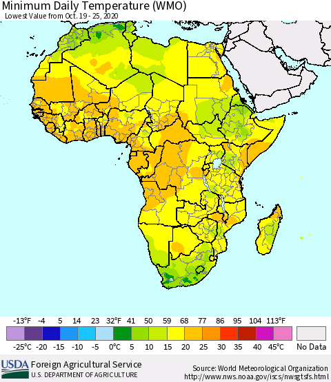 Africa Minimum Daily Temperature (WMO) Thematic Map For 10/19/2020 - 10/25/2020