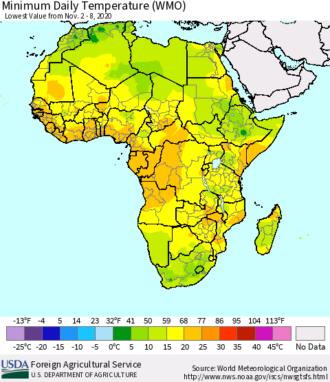 Africa Minimum Daily Temperature (WMO) Thematic Map For 11/2/2020 - 11/8/2020
