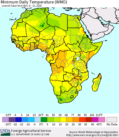Africa Minimum Daily Temperature (WMO) Thematic Map For 11/9/2020 - 11/15/2020